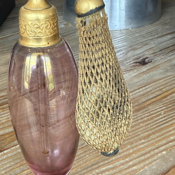 Antique Art Deco 1920’s Perfume Atomizer Glass Bottle Dusty Pink 6” Gold Tone - Picture 14 of 15